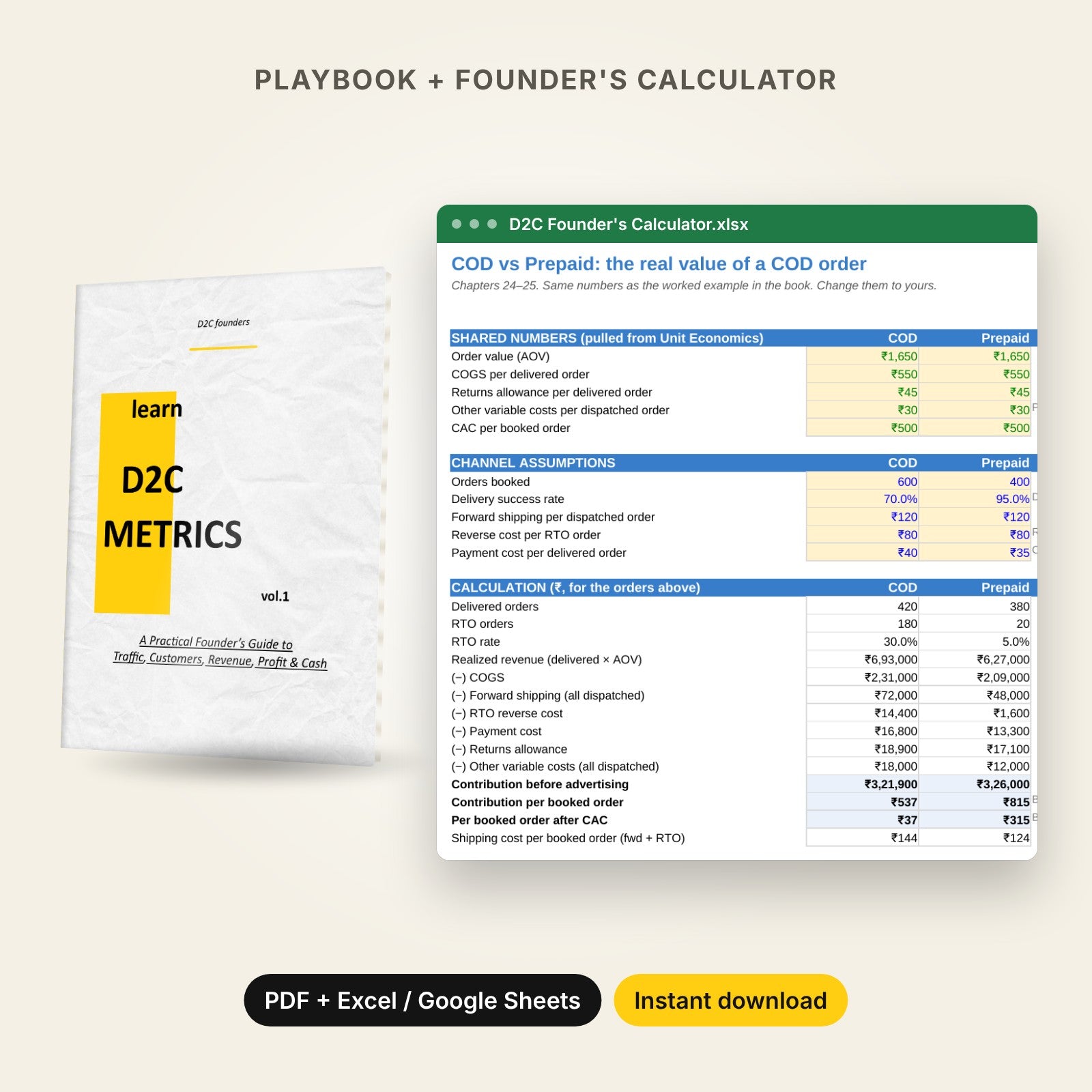 The D2C Metrics Playbook ebook with the Founder's Calculator spreadsheet